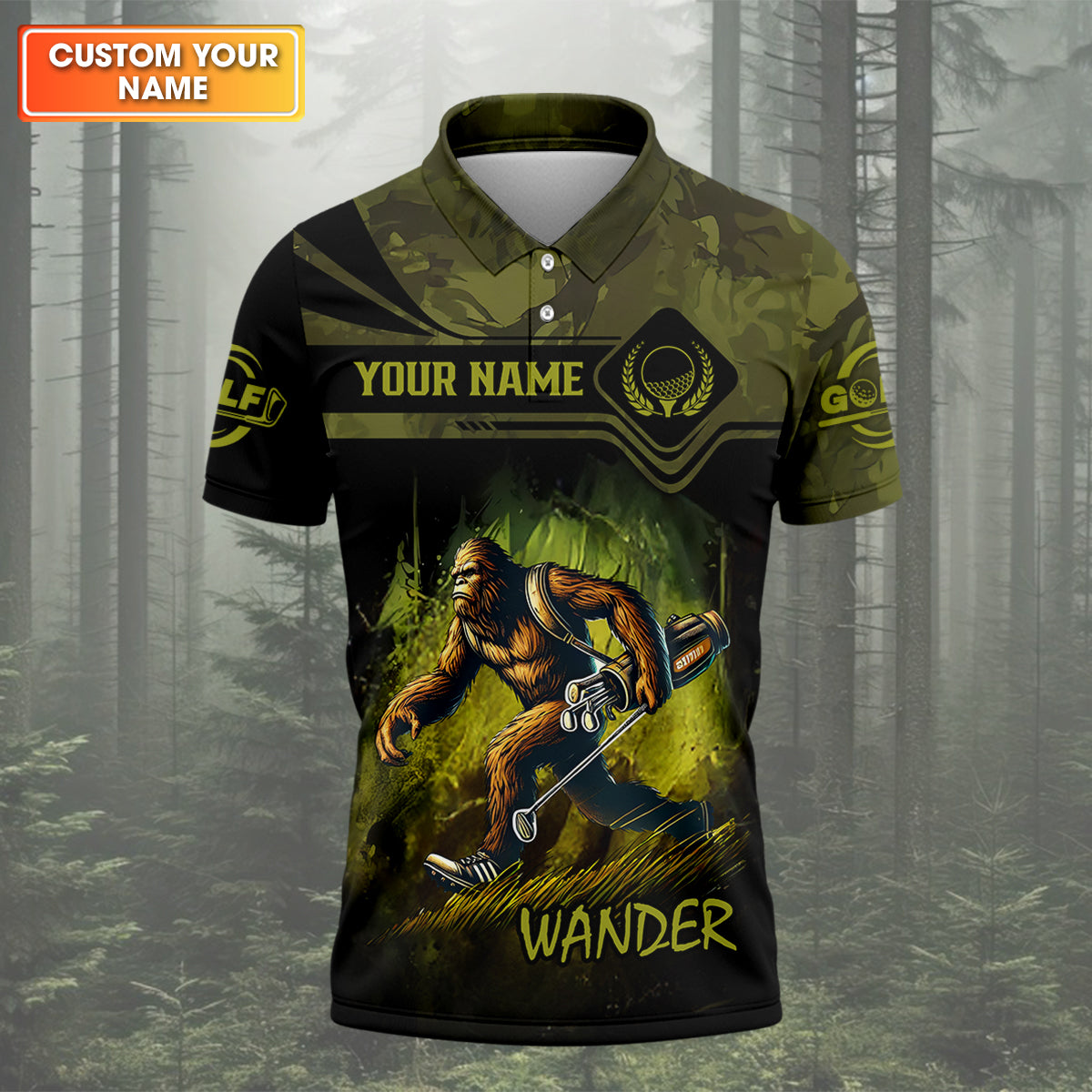 Bigfoot Camouflage Custom Golf Polo Shirt, Golf Gifts For Dad, Golf Lover Gift