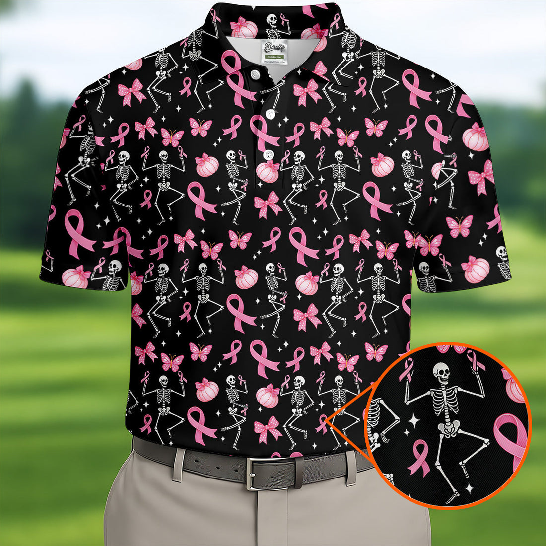 Funny Skeleton Breast Cancer Men's Golf Shirt, Breast Cancer Awareness Shirt, Golf Gift For Men