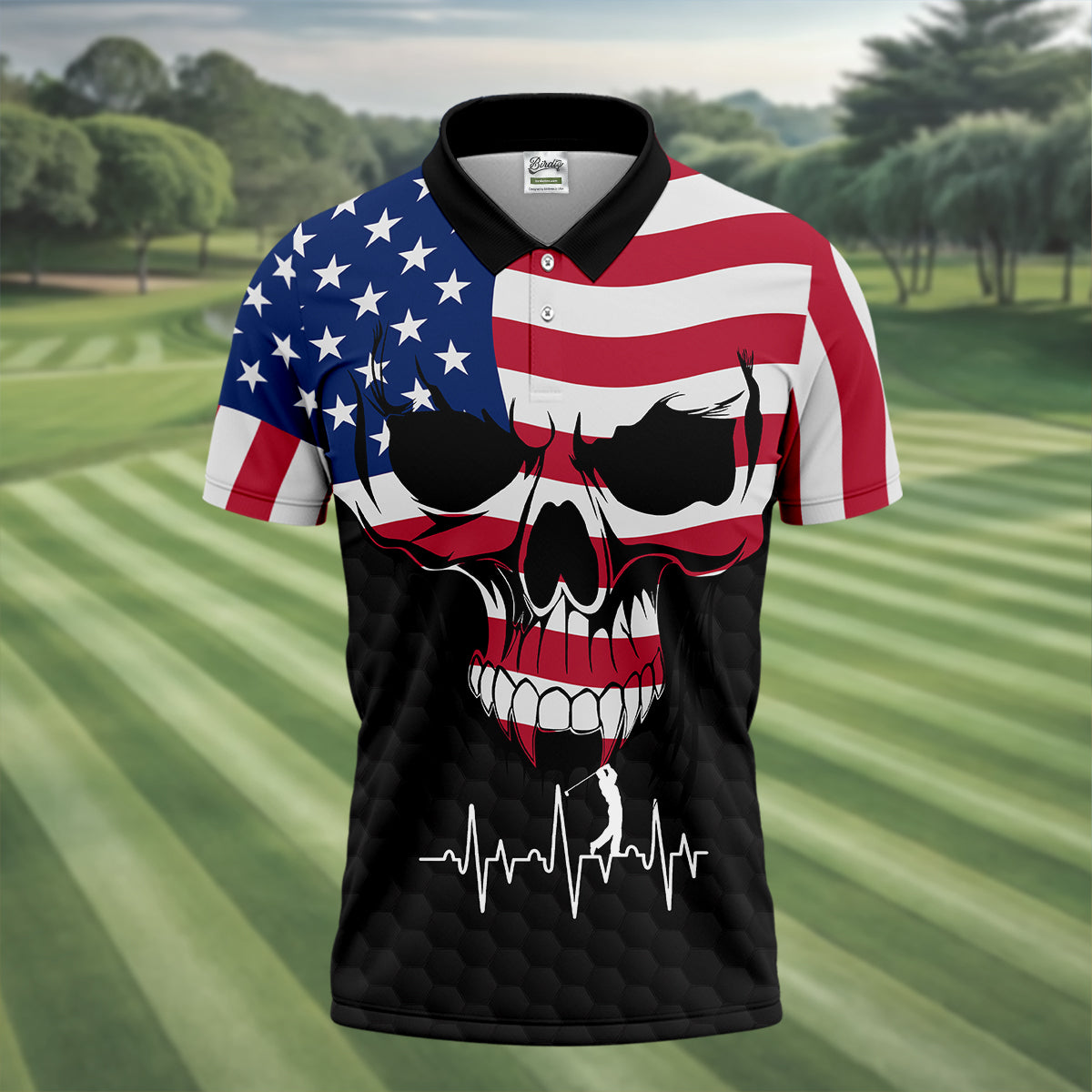 America Flag Skull Custom Golf Polo Shirt, Golf Apparel, Golf Gift For Men