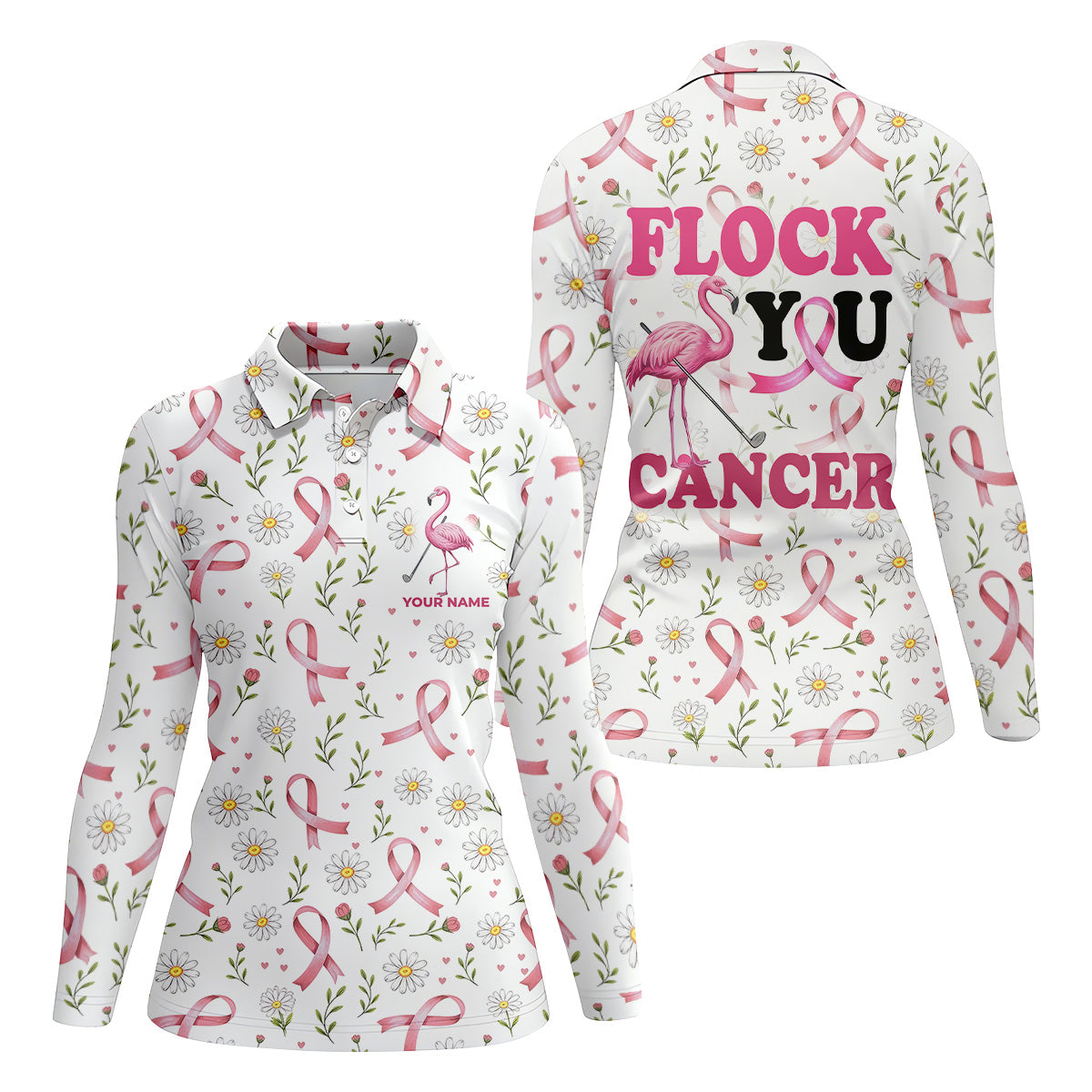 Flock You Cancer Flamingo Womens Golf Shirt, Breast Cancer Awareness Shirt, Ladies Golf Shirt