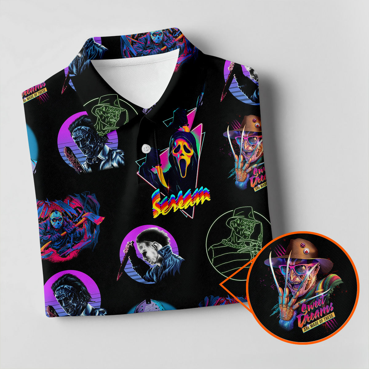 Funny Horror Character Men's Golf Shirt, Horror Character Neon Shirt, Halloween Golf Shirt, Men's Halloween Shirts