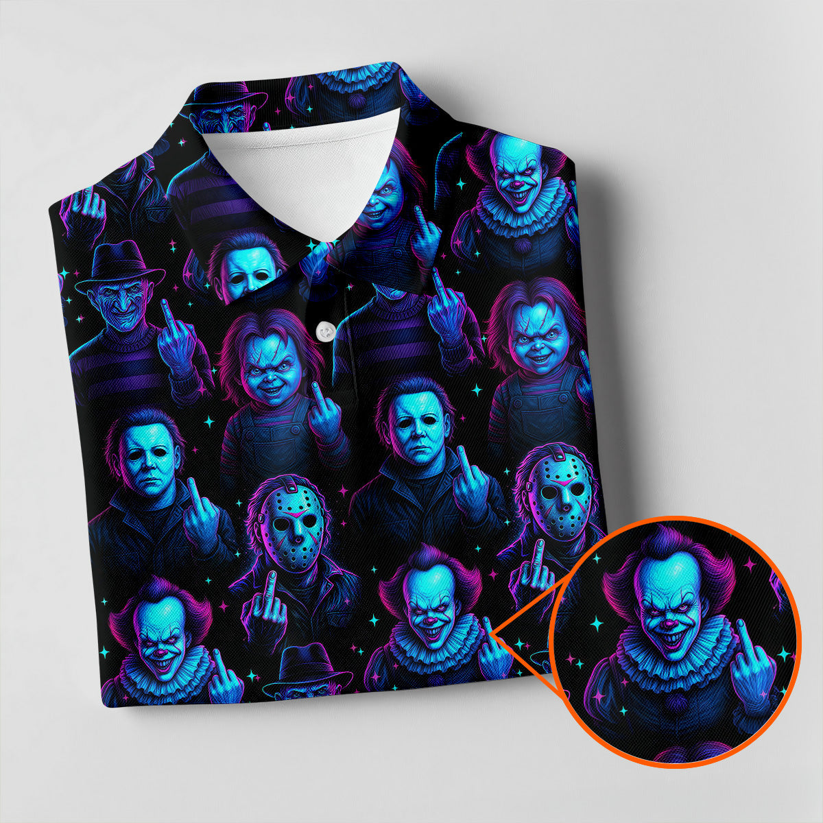 Funny Middle Finger Men's Golf Shirt, Horror Character Shirt, Halloween Golf Shirt, Scary Halloween Shirts