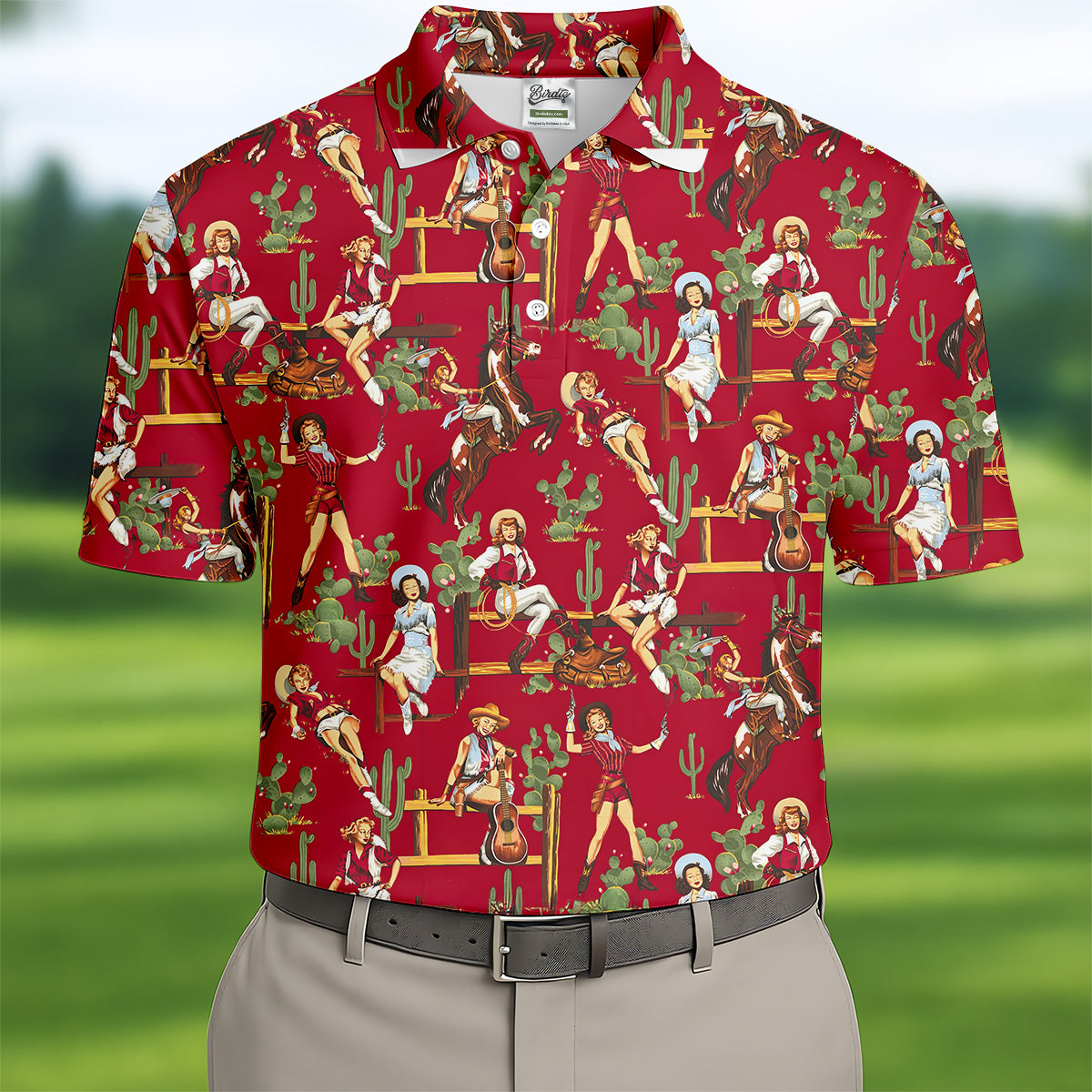 Western Cowgirl Red Golf Shirt, Fun Golf Shirts For Men, Men's Golf Polo, Long Sleeve Polo