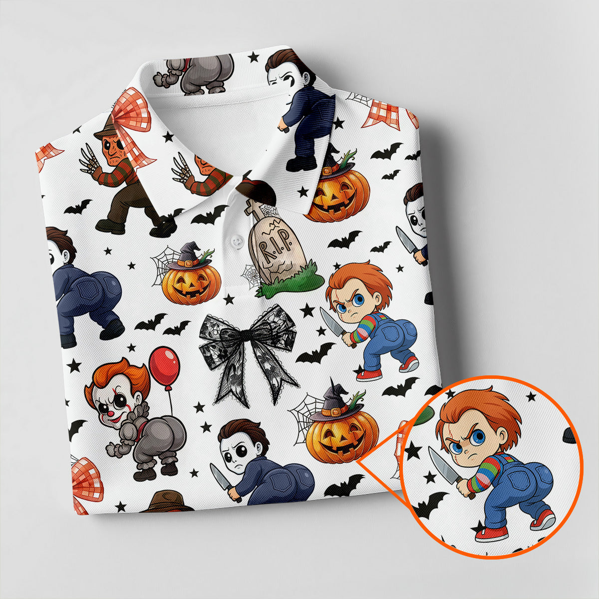 Funny Horror Character Men's Golf Shirt, Horror Movie Halloween Shirt, Halloween Golf Shirt, Men Golf Gift