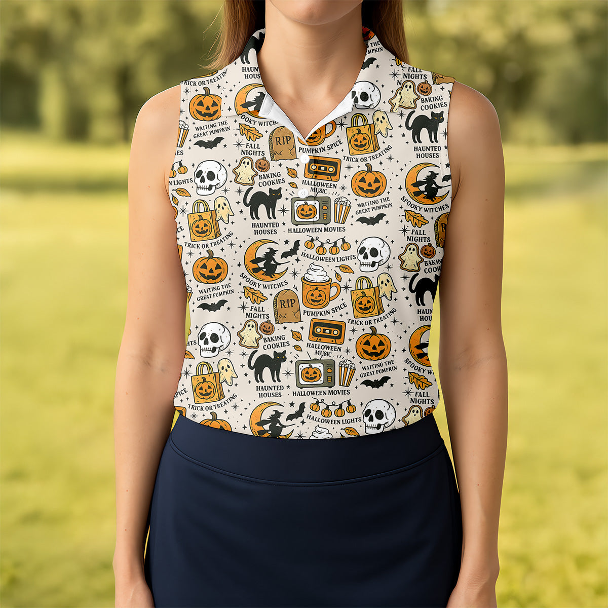 Spooky Witches, Spooky Cat, Cute Halloween T-Shirts, Womens Sleeveless Polo, Ladies Golf Shirts