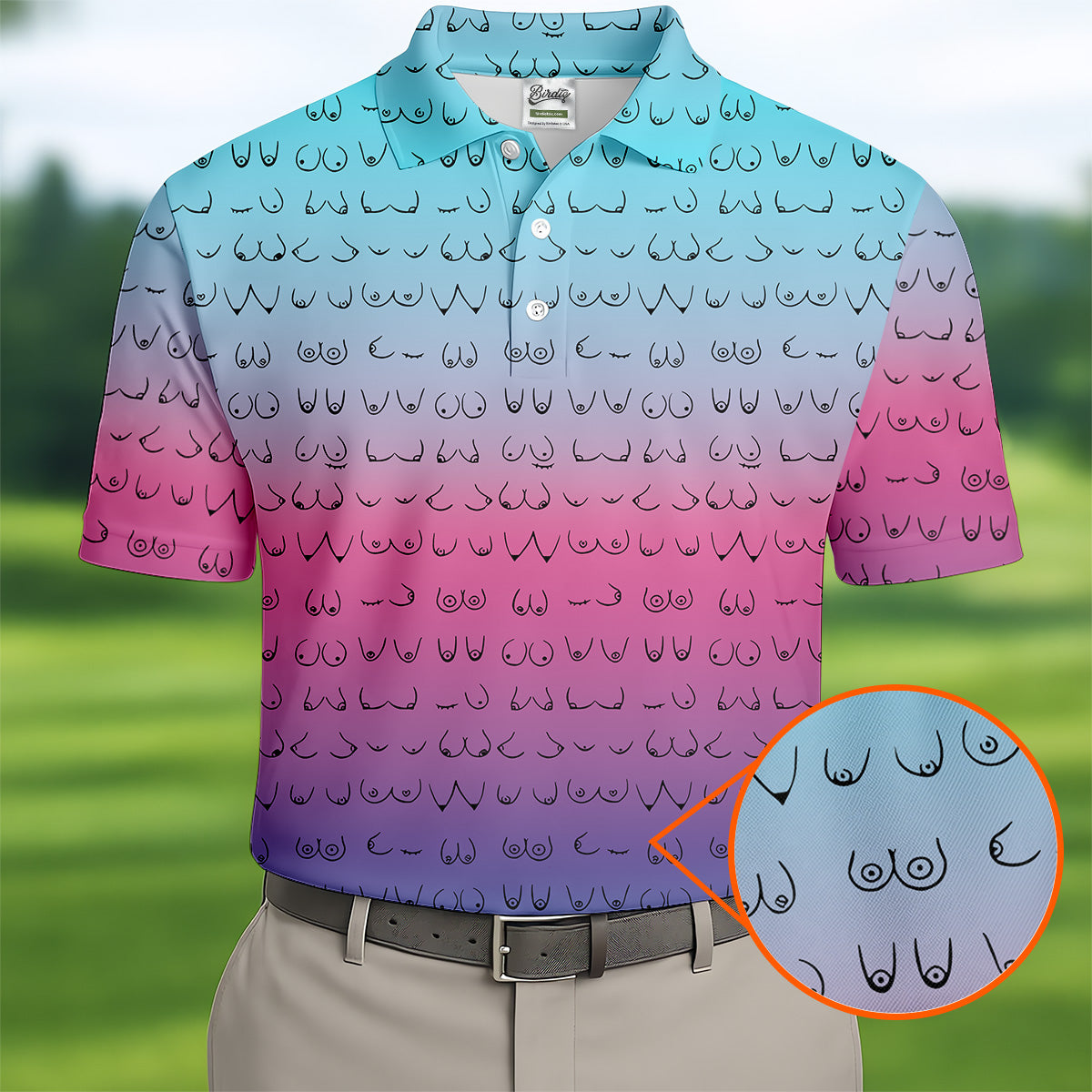 Blue Pink Ombre Boobs Golf Shirt, Fun Men's Golf Polos, Cool Golf Gifts, Polo For Men