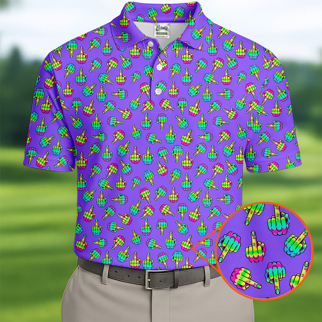 Neon Middle Finger Purple Golf Shirt, Fun Golf Shirts For Men, Cool Golf Gifts, Polo For Men