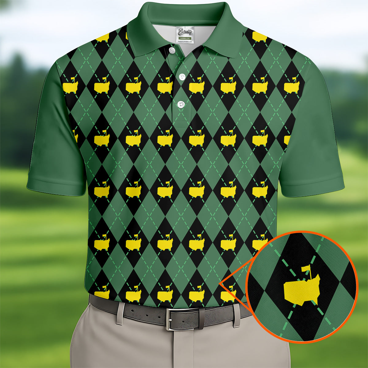 Green and Black Classic Argyle Golf Tops For Men, Mens Golf Polo Shirts, Golfing Apparel