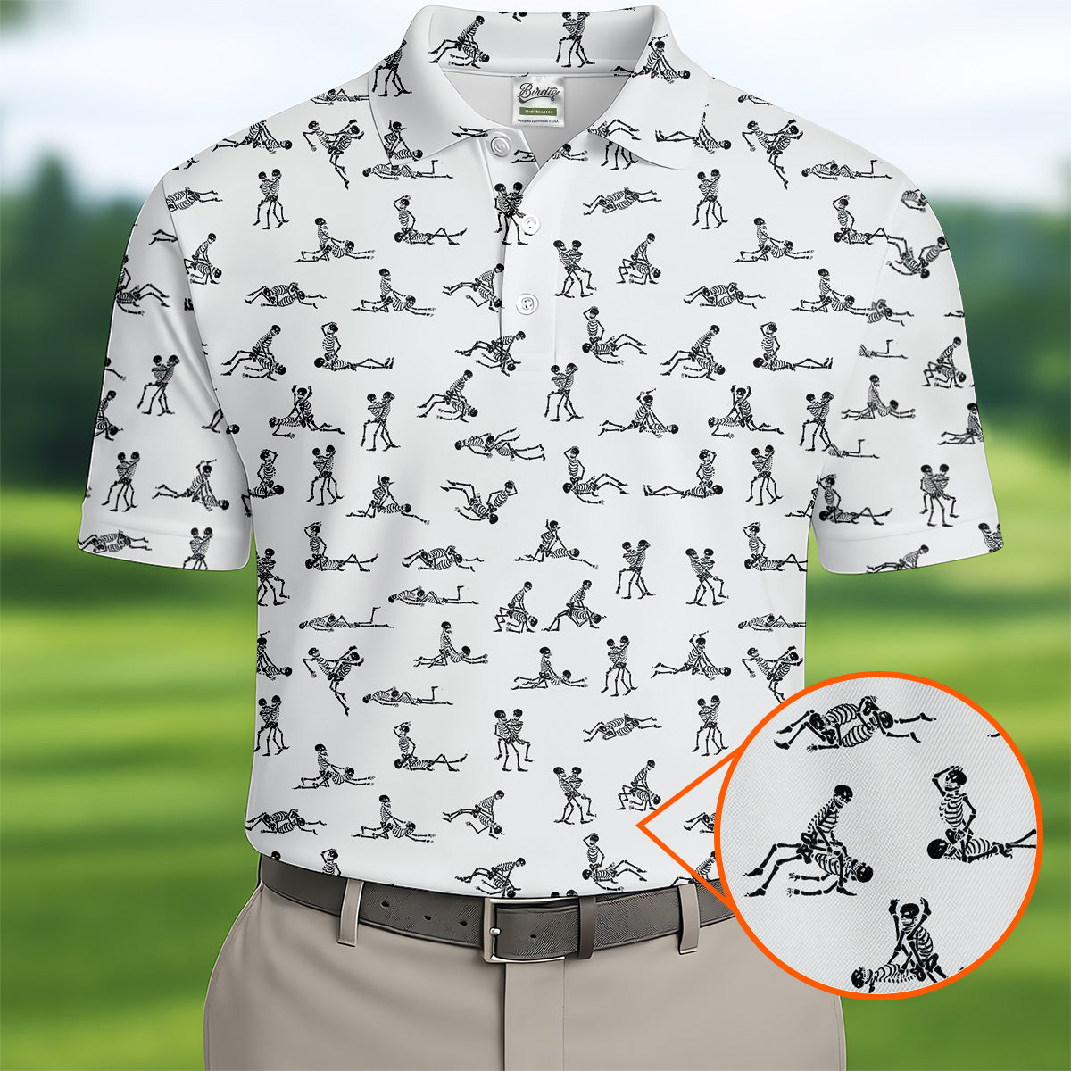 White Funny Skeleton Sex Position Golf Shirt, Halloween Gift Idea, Fun Golf Shirts For Men, Polo For Men