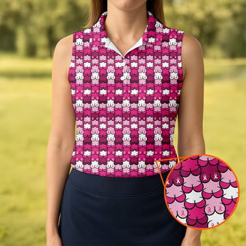 Funny Boobs Pink Ribbon Womens Golf Shirt, Breast Cancer Awareness Shirt, Ladies Golf Shirt