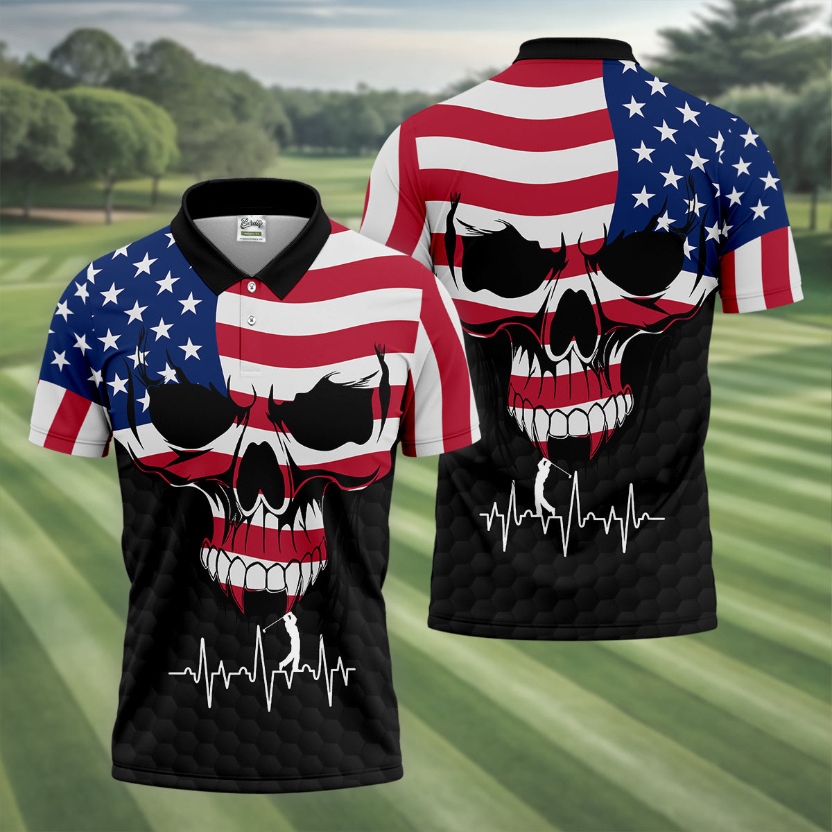 America Flag Skull Custom Golf Polo Shirt, Golf Apparel, Golf Gift For Men