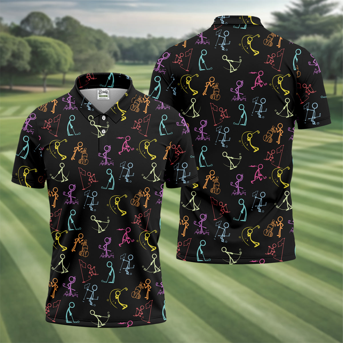 Funny Stickman Golfer Pose Black Golf Shirt, Unique Gift For Golfer, Men's Golf Polo, Golfing Apparel
