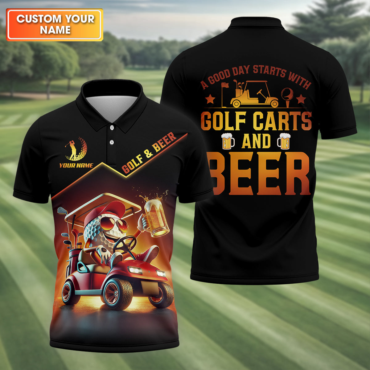 A Good Day Starts With Golf Carts And Beer Funny Golf Polo Shirt, Christmas Golf Gift