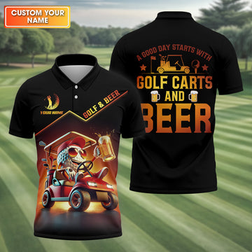 A Good Day Starts With Golf Carts And Beer Funny Golf Polo Shirt, Christmas Golf Gift