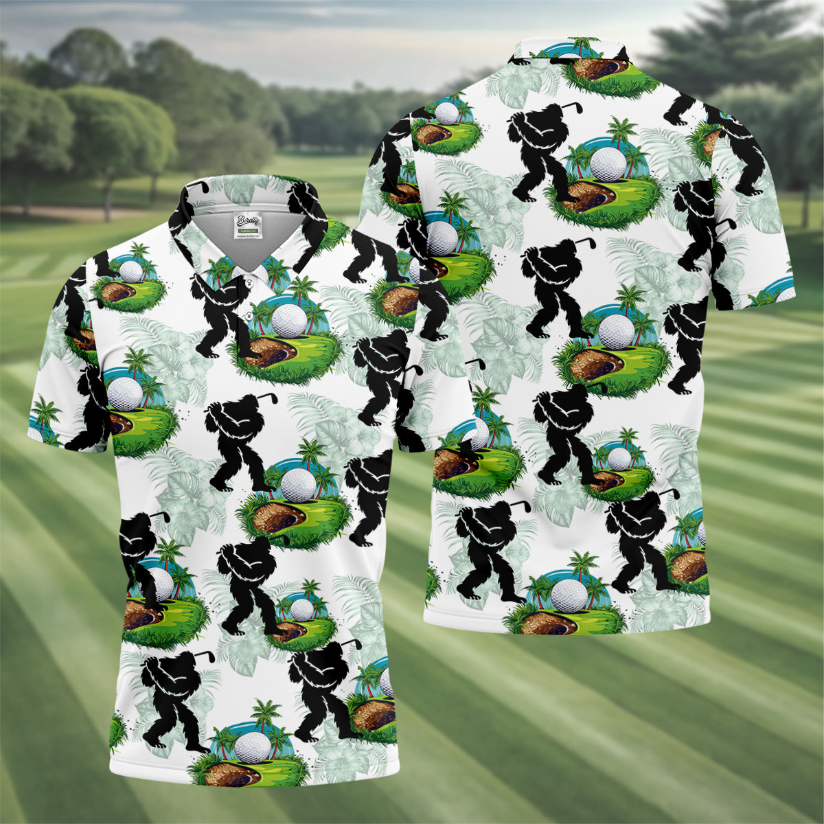 Tropical Golf Cart Bigfoot Golf Shirt, Funny Bigfoot Mens Golf Polo Shirts, Cool Golf Gifts, Golfing Apparel