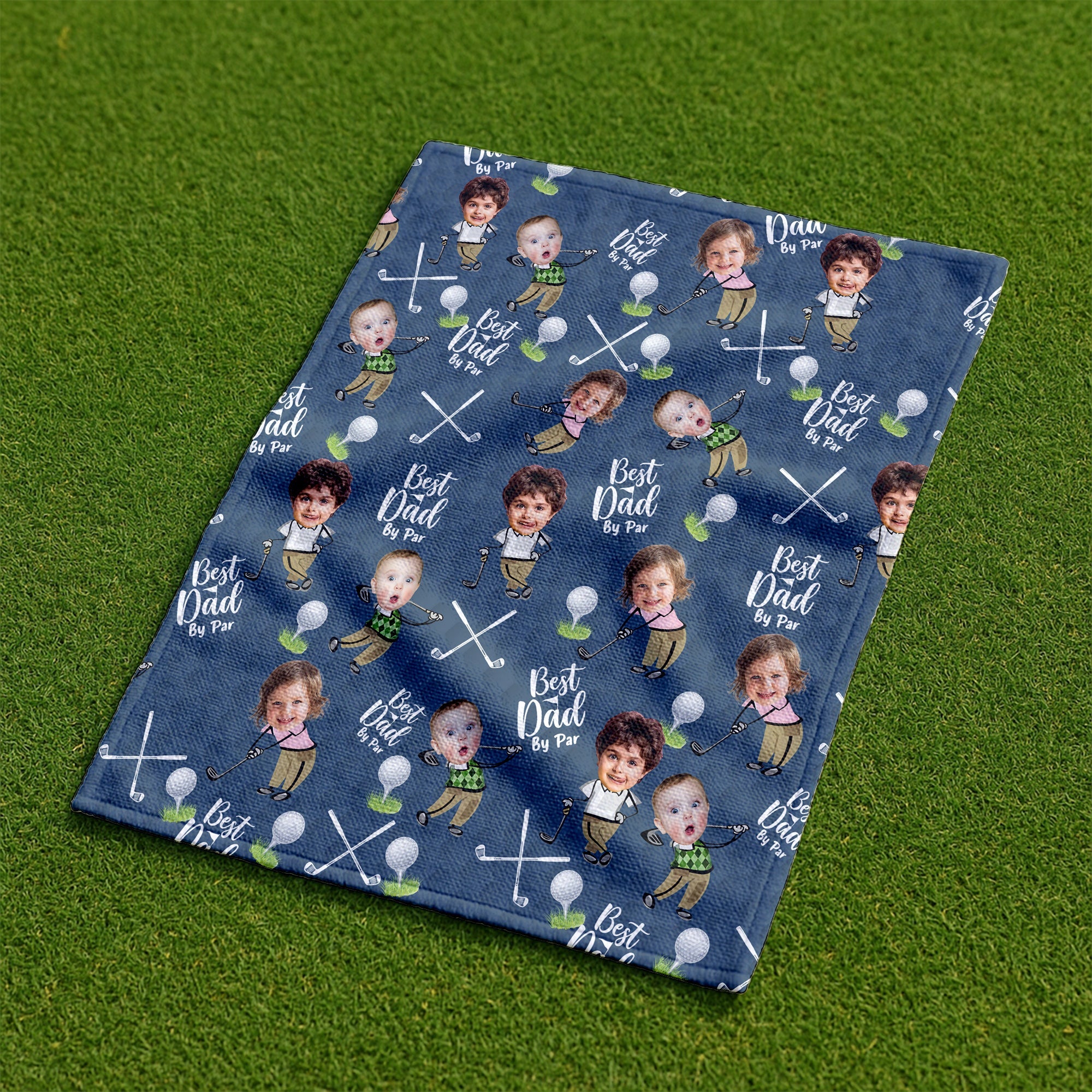 Custom Golf Towel With Kids Photo Best Dad By Par, Custom Photo Blue Towel, Christmas Golf Gift