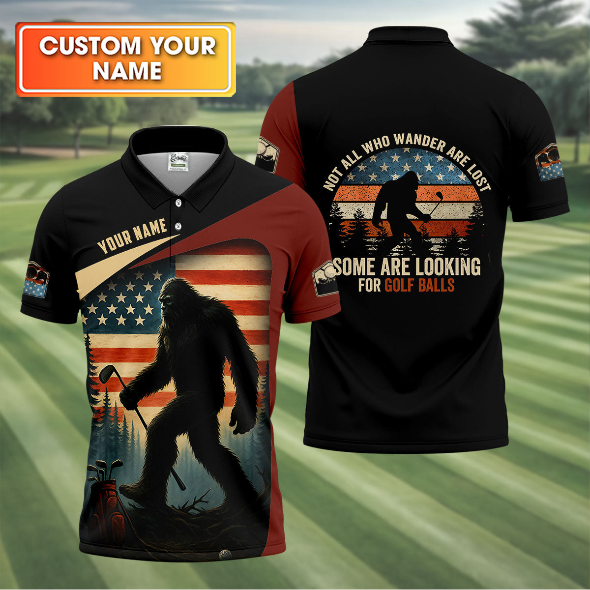 Bigfoot Golf Shirt, Patriotic Golf Polo Shirts, Men's Long Seeve Golf Shirts, Golf Gifts For Men