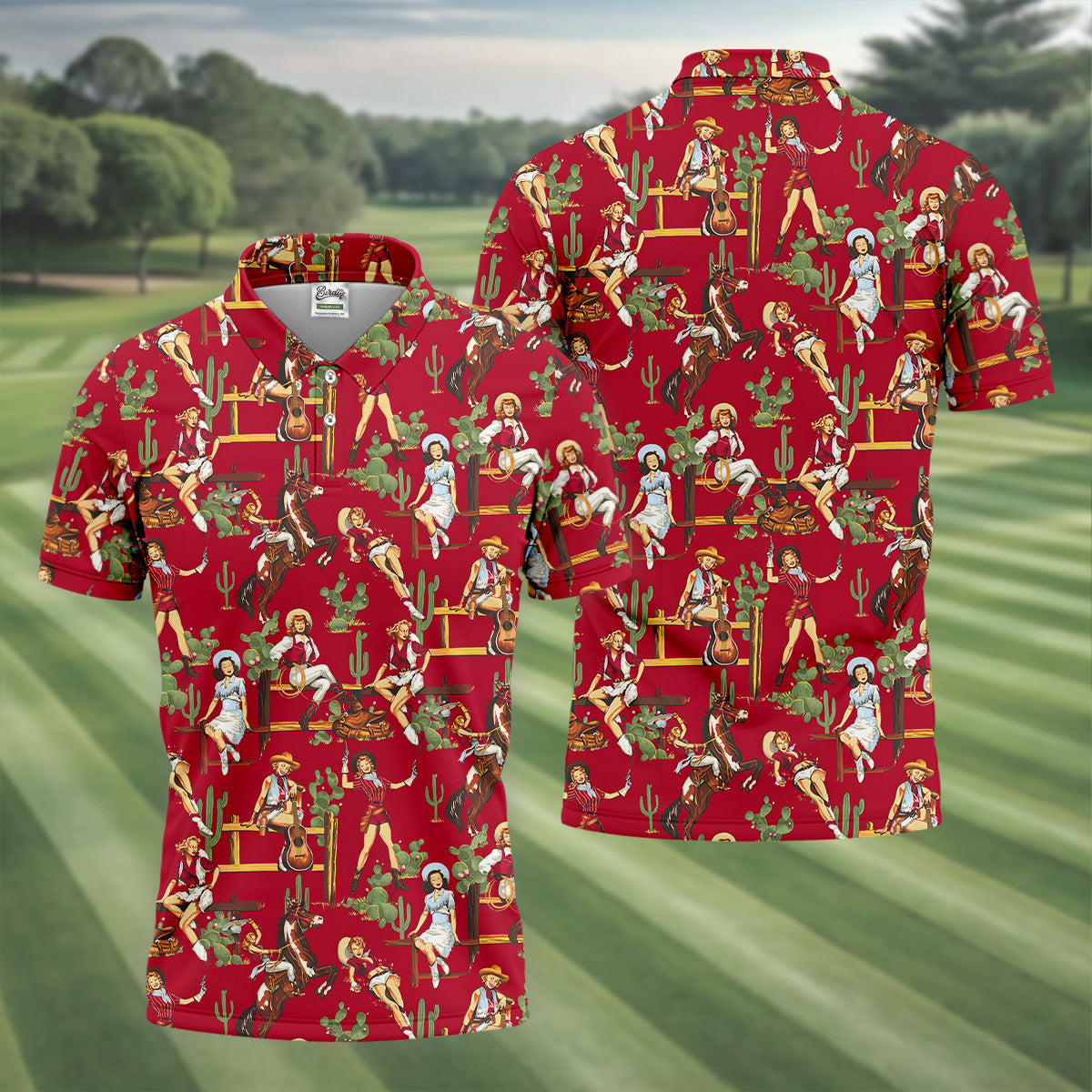 Western Cowgirl Red Golf Shirt, Fun Golf Shirts For Men, Men's Golf Polo, Long Sleeve Polo