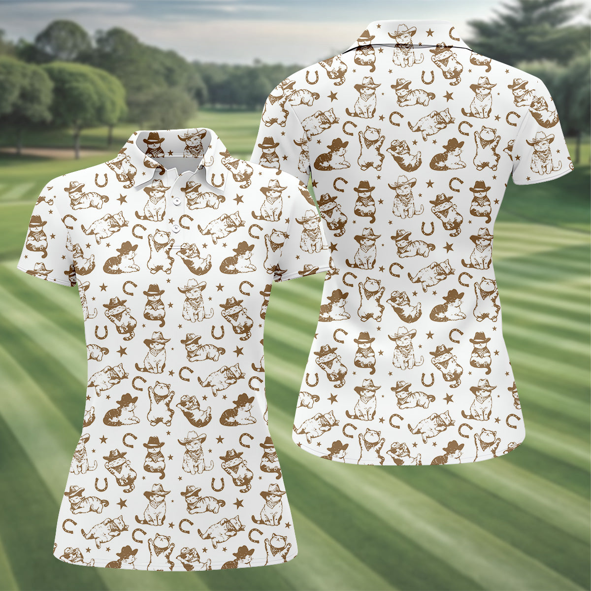 Western Cat Pattern Womens Golf Polo Shirts, Ladies Golf Gift Ideas, Ladies Golf Tops, Matching Golf Shirts
