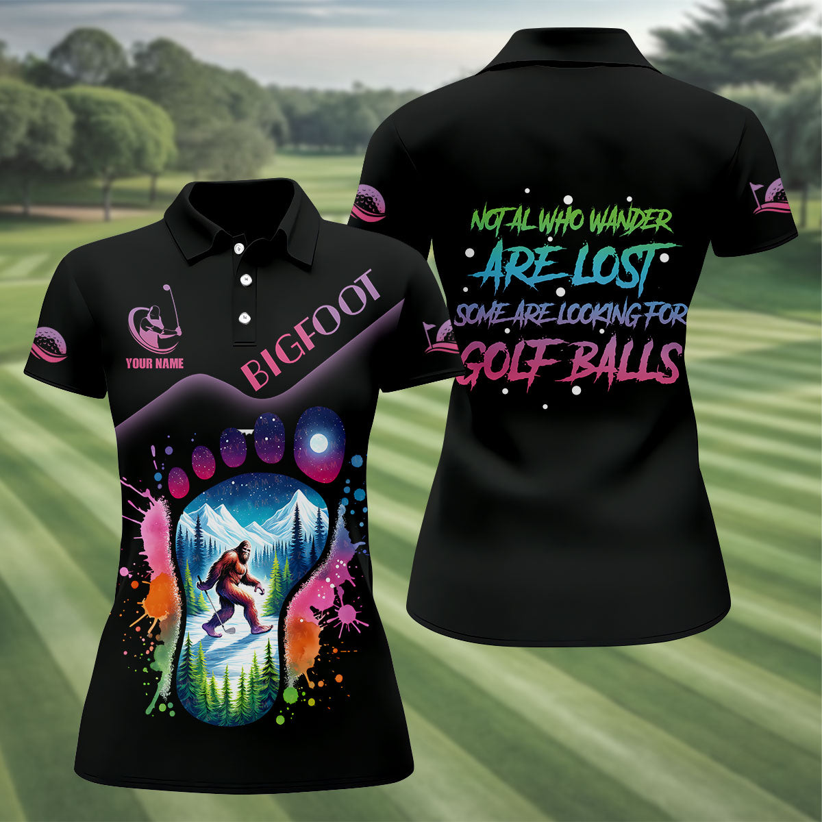 Funny Bigfoot Custom Womens Golf Polo Shirt, Ladies Golf Shirts, Golfing Apparel, Women Golf Gifts