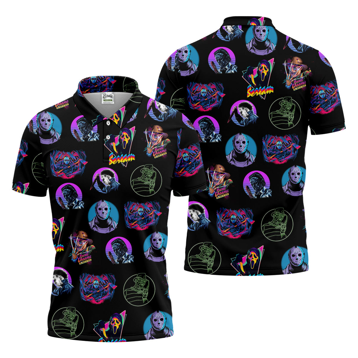 Funny Horror Character Men's Golf Shirt, Horror Character Neon Shirt, Halloween Golf Shirt, Men's Halloween Shirts