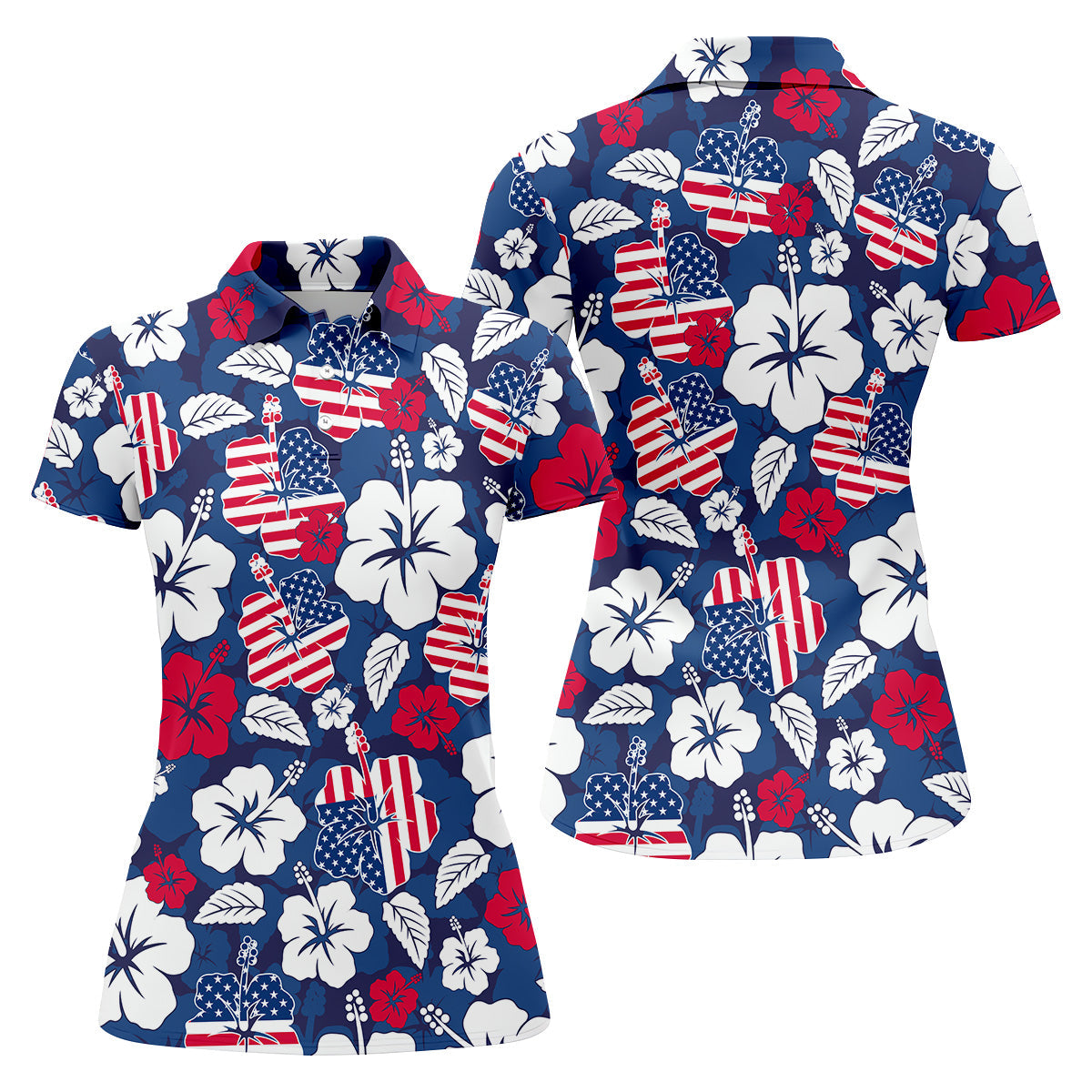 Tropical Hibiscus American Flag Womens Golf Polo Shirt, Women's 4th Of July Shirts, Custom Ladies Golf Shirt