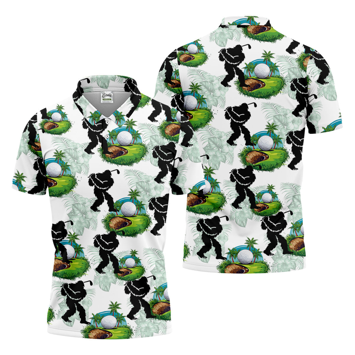 Tropical Golf Cart Bigfoot Golf Shirt, Funny Bigfoot Mens Golf Polo Shirts, Cool Golf Gifts, Golfing Apparel