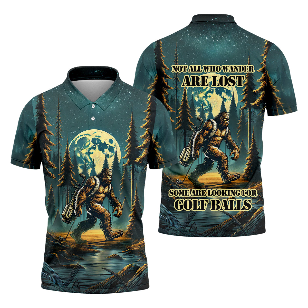 Bigfoot Forest Custom Men's Funny Golf Polo Shirt, Golf Gifts For Dad, Golf Presents