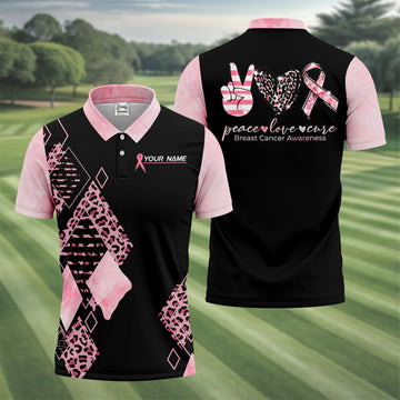 Peace Love Cure Men's Golf Shirt, Breast Cancer Awareness Shirt, Pink Leopard Golf Shirt, Golf Gift For Men