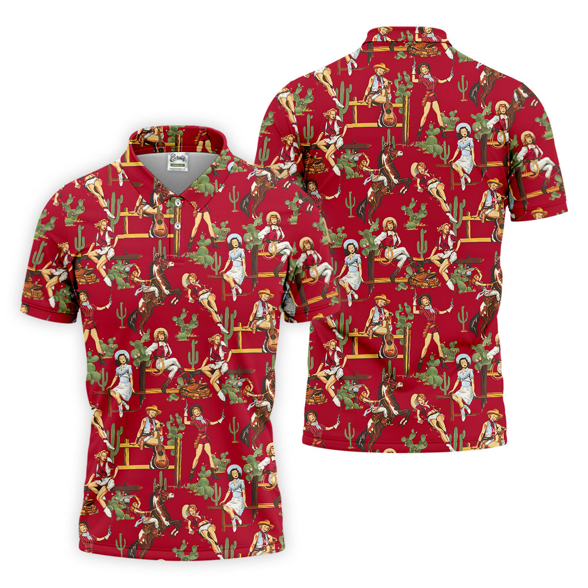 Western Cowgirl Red Golf Shirt, Fun Golf Shirts For Men, Men's Golf Polo, Long Sleeve Polo