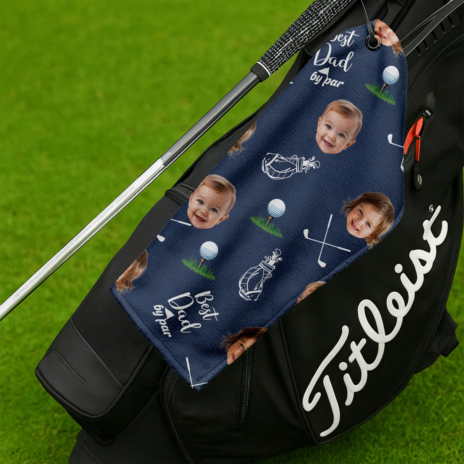 Best Dad By Par Custom Kids Face Blue Funny Golf Towel, Christmas Golf Gift, Gifts For The Golfing Dad