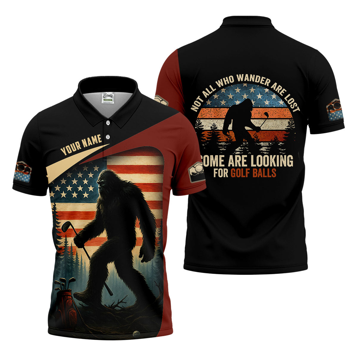 Bigfoot Golf Shirt, Patriotic Golf Polo Shirts, Men's Long Seeve Golf Shirts, Golf Gifts For Men