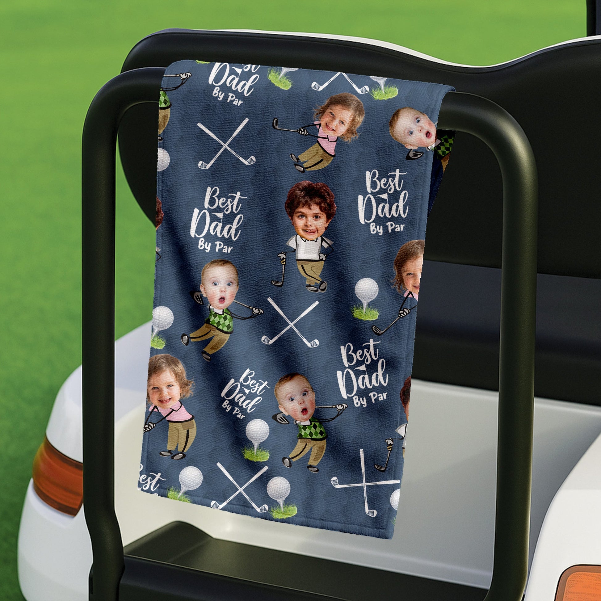 Custom Golf Towel With Kids Photo Best Dad By Par, Custom Photo Blue Towel, Christmas Golf Gift