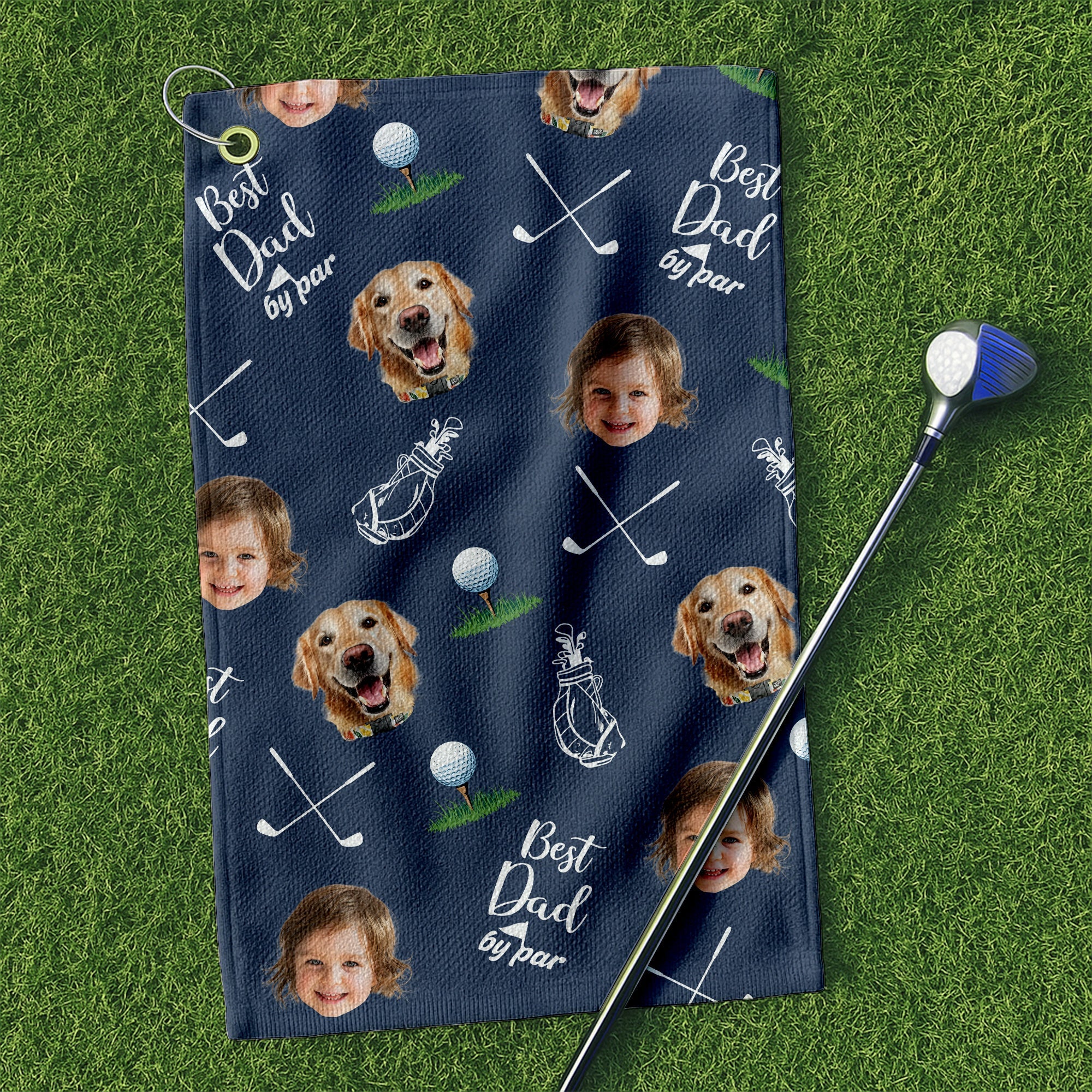 Best Dad By Par Custom Golf Towel With Kids Photo, Custom Pet Photo Towel, Dad Golf Gift