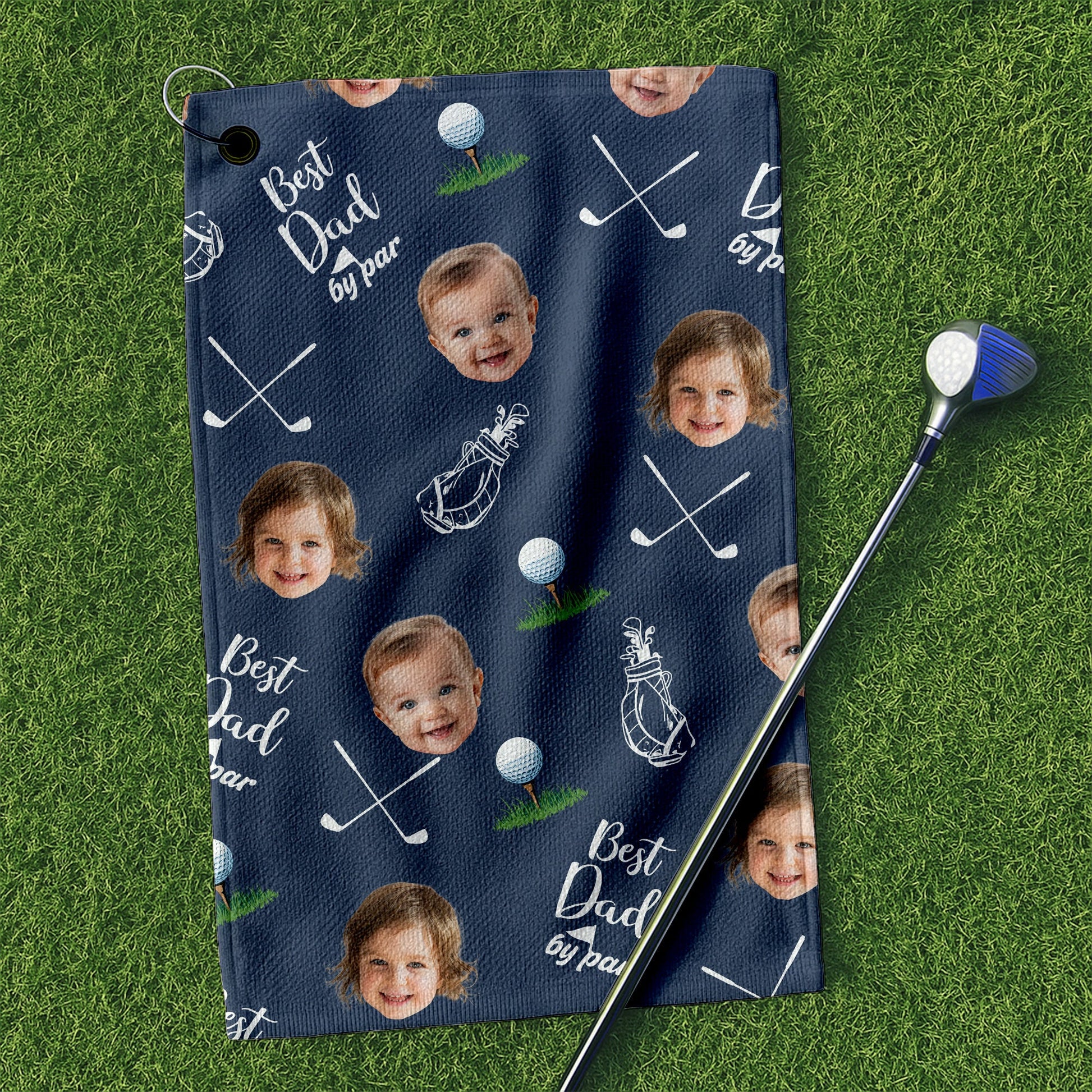 Best Dad By Par Custom Kids Face Blue Funny Golf Towel, Christmas Golf Gift, Gifts For The Golfing Dad