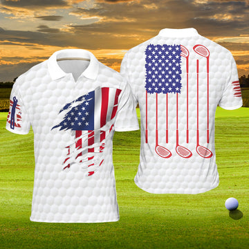 American Flag Men's Golf Polo Shirt, Patriotic Golf Shirt, Gift For Golfers
