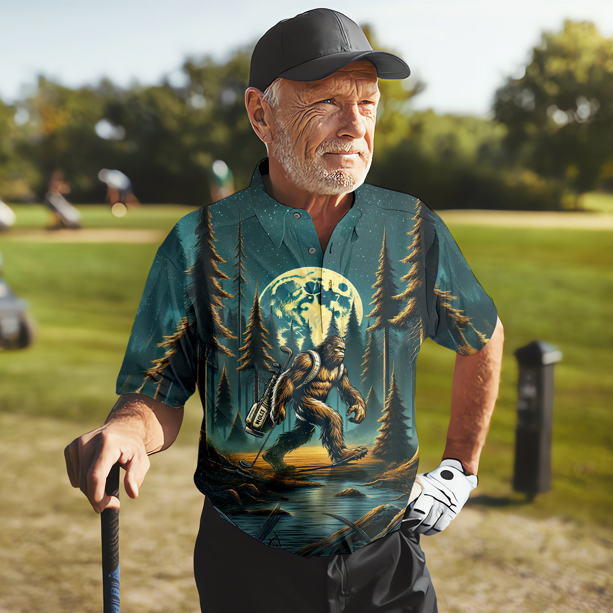 Bigfoot Forest Custom Men's Funny Golf Polo Shirt, Golf Gifts For Dad, Golf Presents