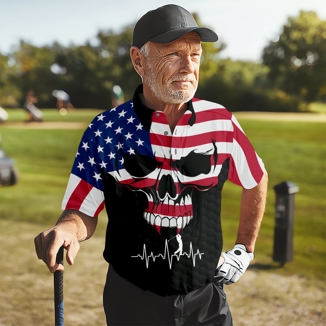America Flag Skull Custom Golf Polo Shirt, Golf Apparel, Golf Gift For Men