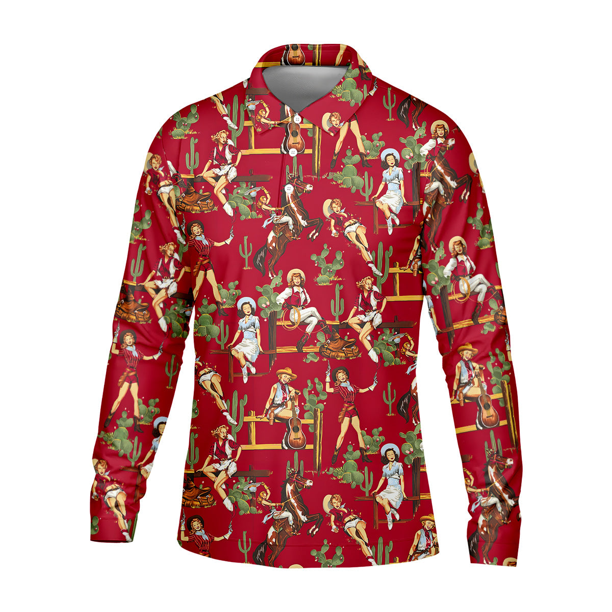 Western Cowgirl Red Golf Shirt, Fun Golf Shirts For Men, Men's Golf Polo, Long Sleeve Polo