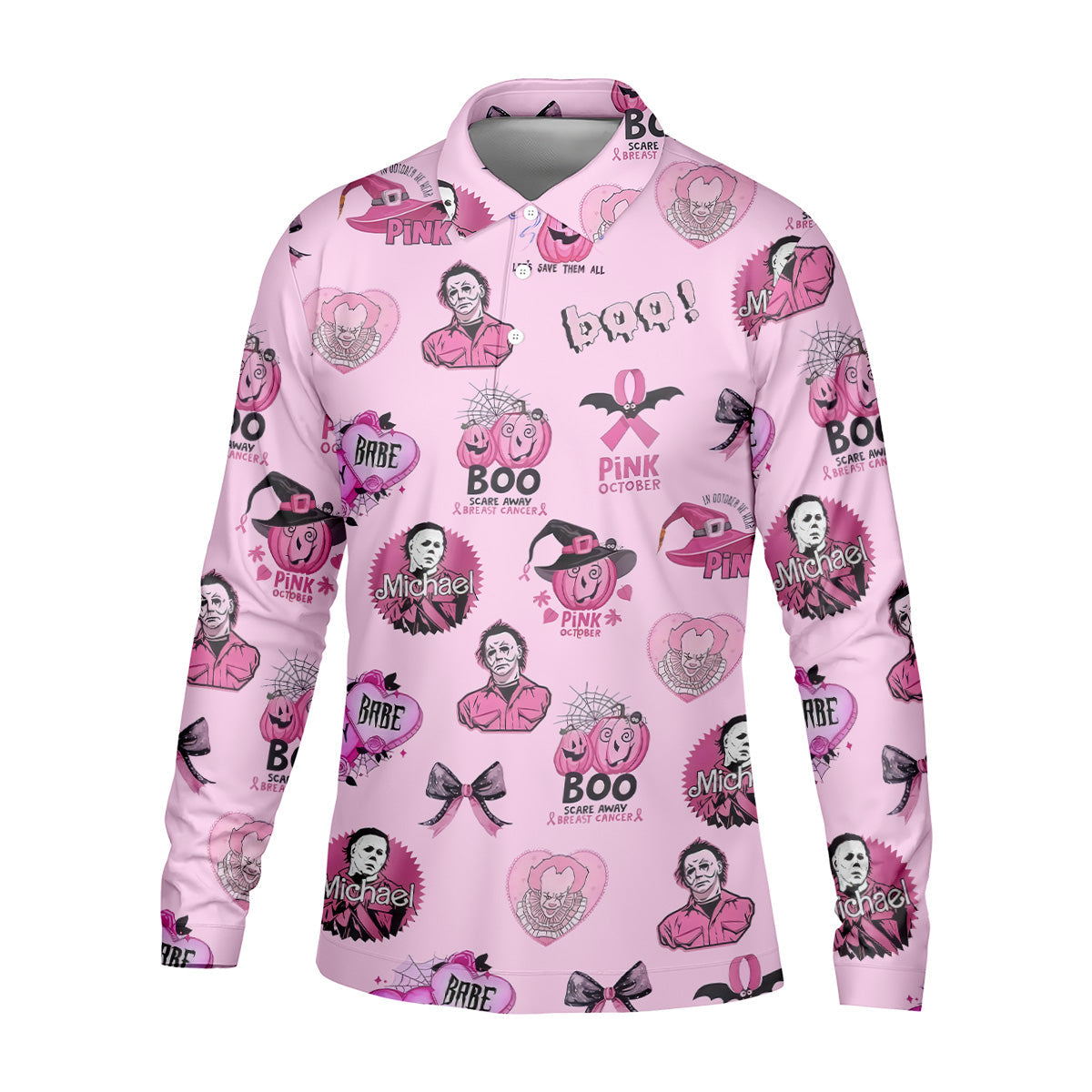 Funny Michael Horror Character Men's Golf Shirt, Pink October Shirt, Halloween Golf Shirt, Men's Golf Shirt