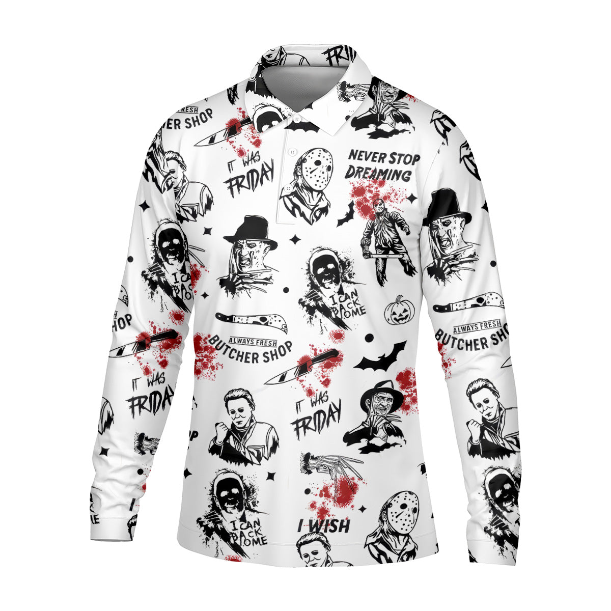 Horror Halloween Character White Golf Shirt, Fun Golf Shirts For Men, Horror Movie Shirt