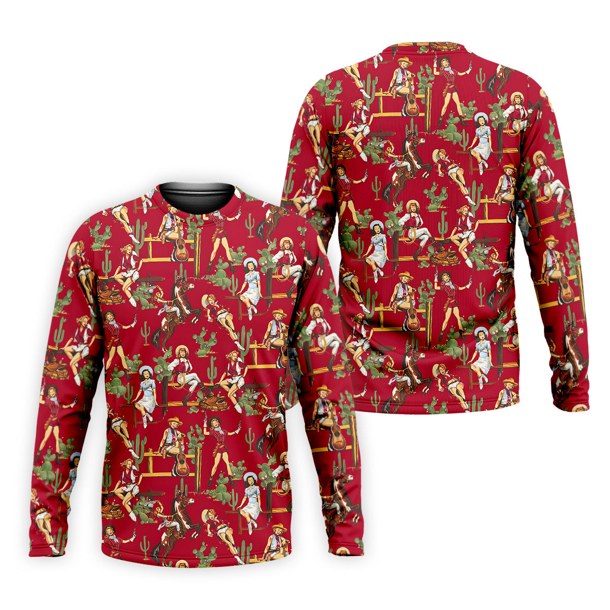 Western Cowgirl Red Golf Shirt, Fun Golf Shirts For Men, Men's Golf Polo, Long Sleeve Polo