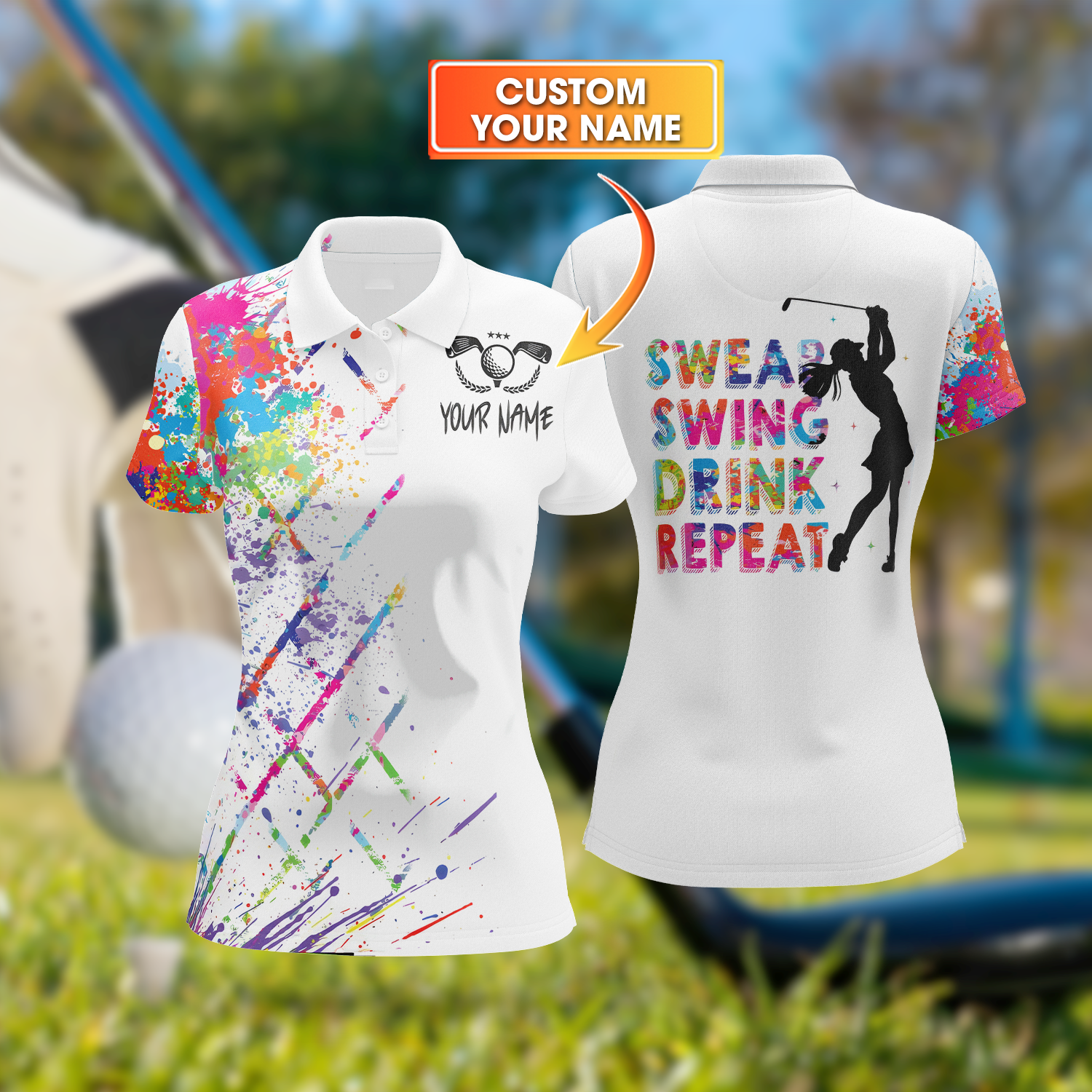 Swing Swear Drink Repeat Custom Womens Golf Polo Shirt, Golfing Apparel, Womens Golf Gifts