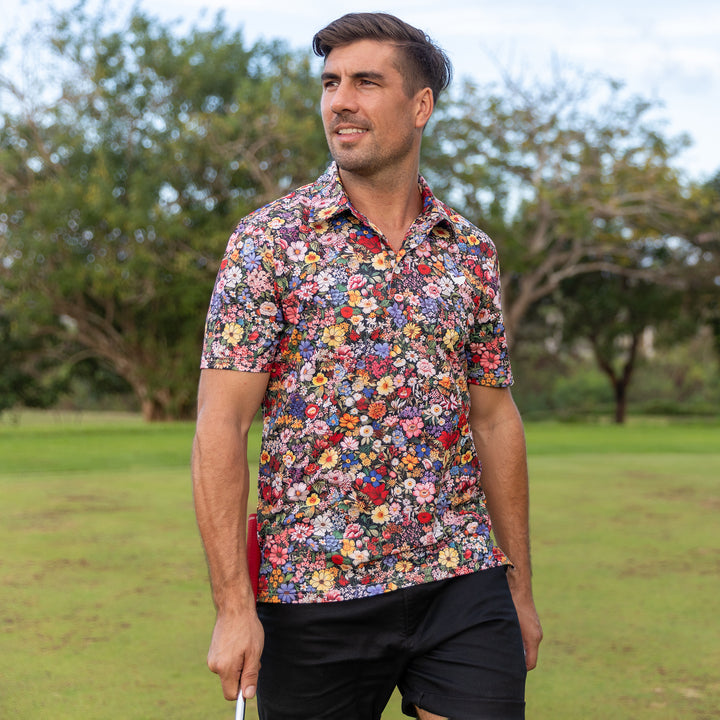Among The Flowers Men's Golf Polo Shirt, Floral Golf Shirt, Gift For Golfers