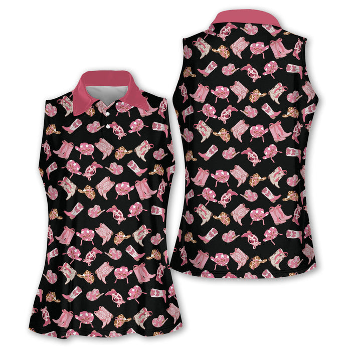 Pink Cowgirl Sleeveless Golf Shirts, Western Golf Shirts Women, Custom Ladies Golf Shirt
