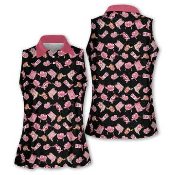 Pink Cowgirl Sleeveless Golf Shirts, Western Golf Shirts Women, Custom Ladies Golf Shirt