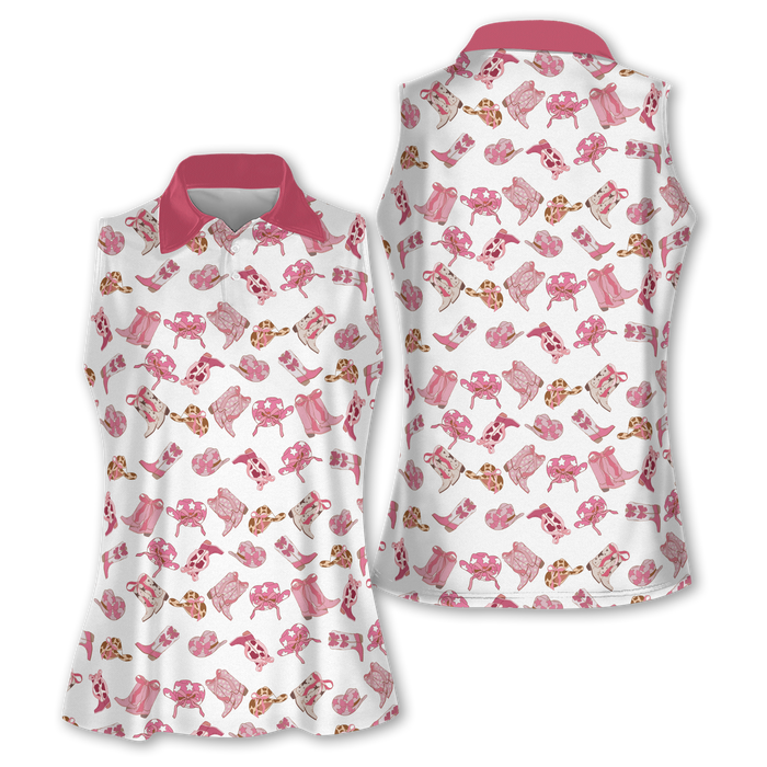 Pink Cowgirl Sleeveless Golf Shirts, Western Golf Shirts Women, Custom Ladies Golf Shirt
