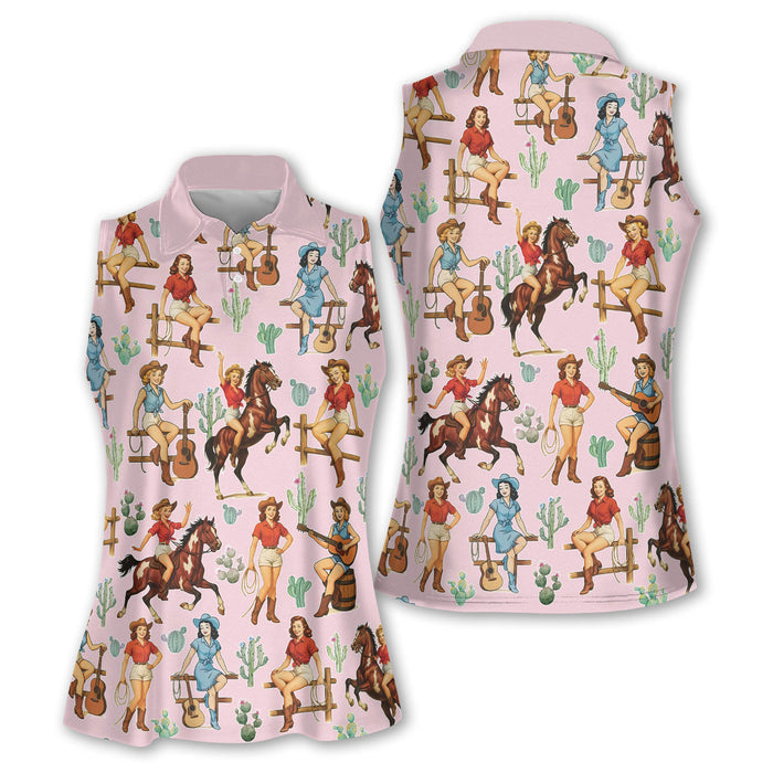Cowgirl Sleeveless Golf Shirts, Western Golf Shirts Women, Custom Ladies Golf Shirt