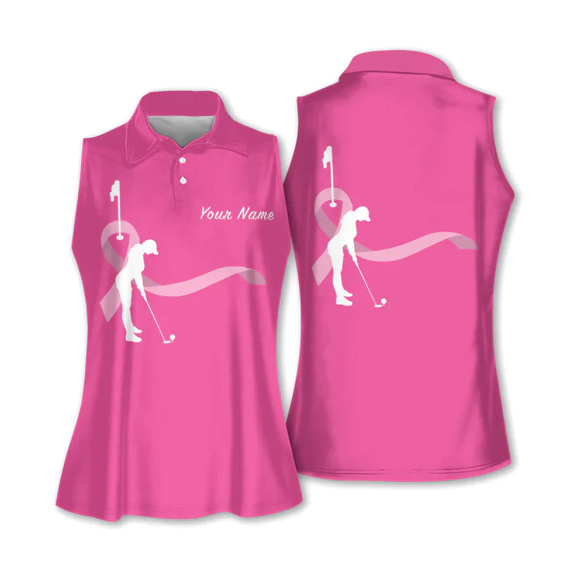 Pink Ribbon Womens Sleeveless Golf Shirts, Breast Cancer Golf Shirts, Womens Sleeveless Polo