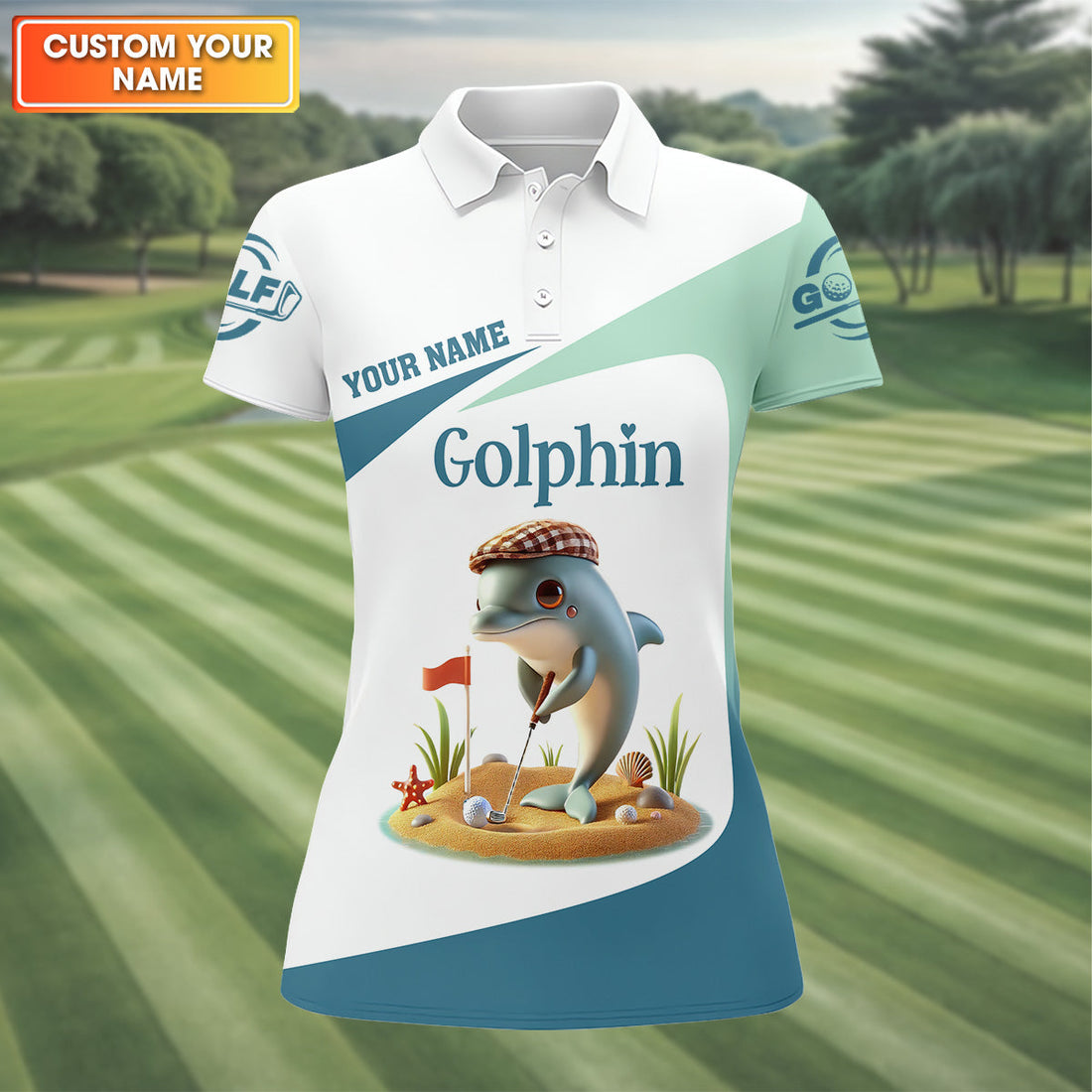 Golfin’ Dolphin Custom Golf Polo Shirt, Ladies Golf Shirts, Womens Golf Gift, Funny Golf Polo Shirt